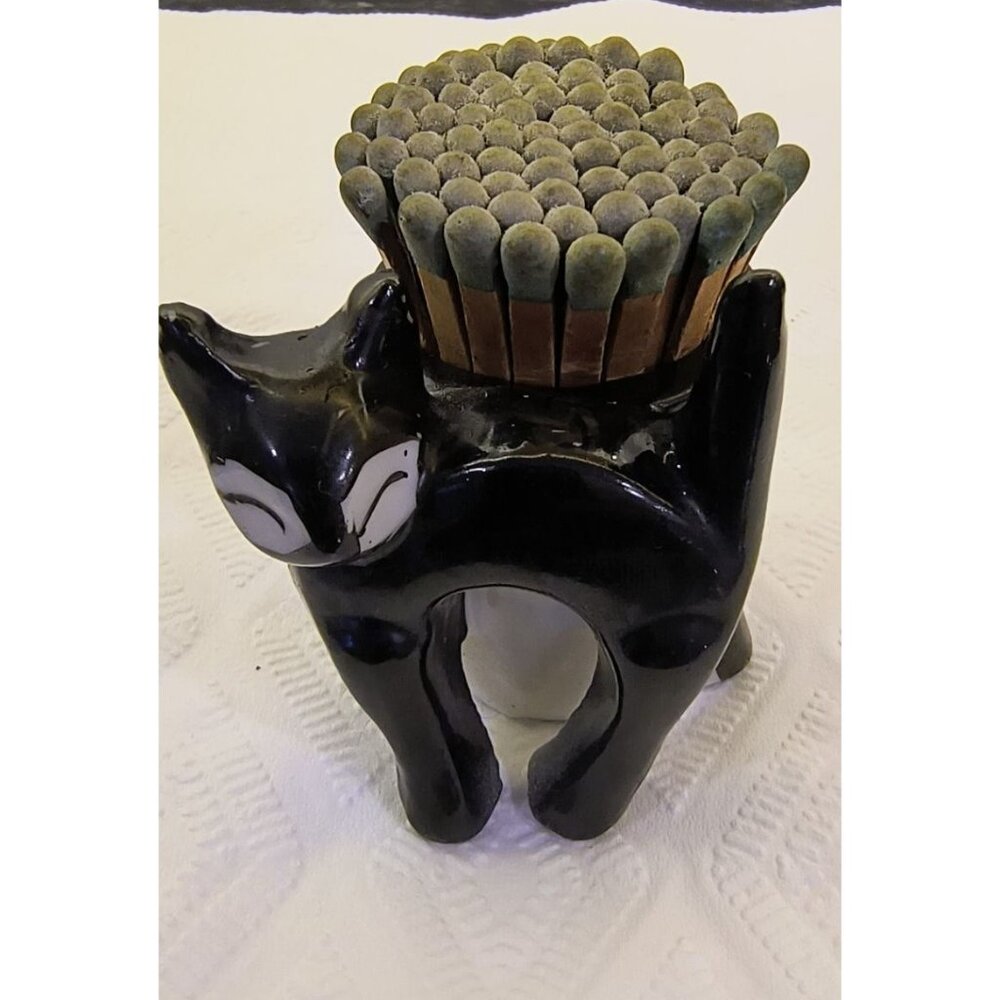 Vintage Black Cat Ceramic Match Holder Striker With Matches